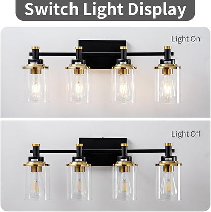 Modern Black & Gold Vanity Lights - 4 Light for Bathroom Over Mirror, Vintage Sconce with Clear Glass Shade