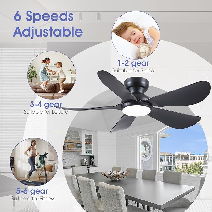 Kviflon 46 Inch Modern Ceiling Fans with Lights, Flush Mount Ceiling Fan with Light and Remote/APP Control, 5 Reversible 6 Speeds Curved Blades, 3 CCT Dimmable Lights for Bedroom, Black
