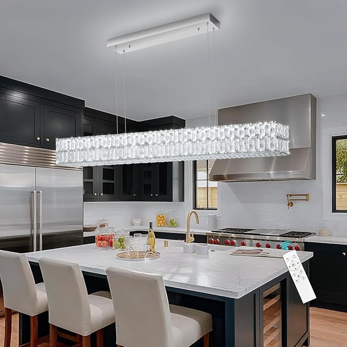 Rectangular Crystal Chandelier Glam Dimmable LED Crystal Chandeliers for Dining Room Linear Pendant Light with Remote Control for Kitchen Island Silver