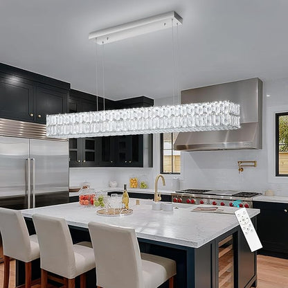 Rectangular Crystal Chandelier Glam Dimmable LED Crystal Chandeliers for Dining Room Linear Pendant Light with Remote Control for Kitchen Island Silver