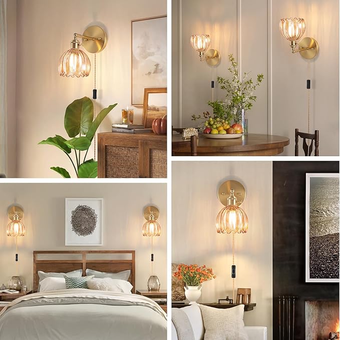 Plug-in Wall Sconce, Vintage Wall Decorative Lamp with Amber Glass Shade, Indoor Plug-in Wall Sconce for Bedroom, Living Room, Hallway