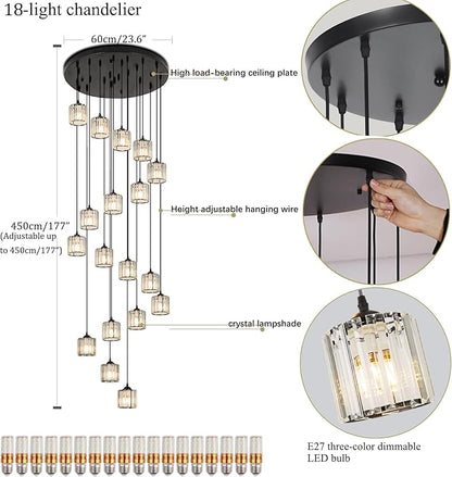 Long Chandeliers for High Ceilings,Modern Crystal Pendant Light,Raindrop Drop Lamp,Hanging Flush Mount Lighting Fixtures for Spiral Staircase,Foyer,Entryway,Living Room,Black (18 Lights)