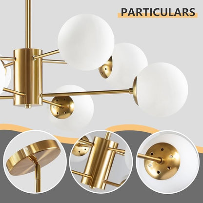 Bagood 8-Light Globe Sputnik Chandelier Gold Mid Century Modern Light Fixture Brushed Brass Finished with White Frosted Globe Glass Lampshade Sputnik Chandeliers for Dining Room Kitchen Island Bedroom