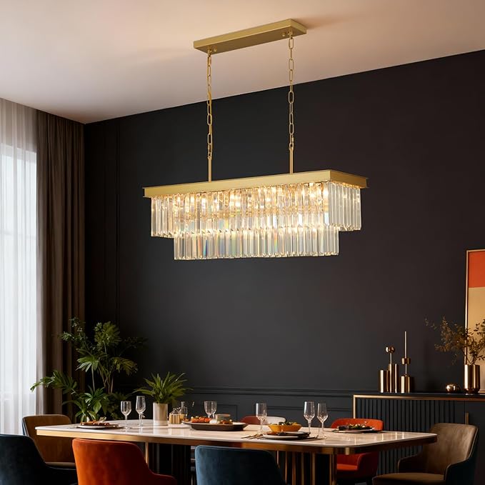 Weesalife Crystal Chandeliers for Dining Room Light Fixtures Over Table，11-Lights Gold Modern Rectangle Chandeliers for Kitchen Island Bar L33.5 Inch