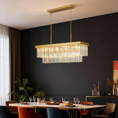 Weesalife Crystal Chandeliers for Dining Room Light Fixtures Over Table，11-Lights Gold Modern Rectangle Chandeliers for Kitchen Island Bar L33.5 Inch
