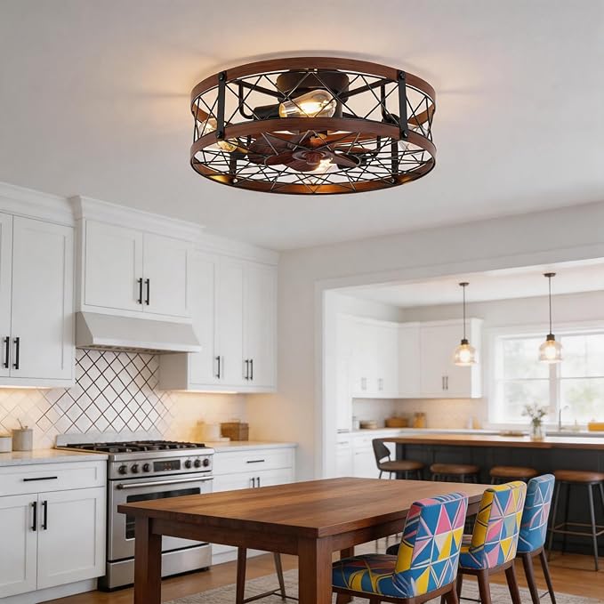 REDSTAR Flush Mount Caged Ceiling Fan with Lights, 20" Small Bladeless Ceiling Fans with Remote, Rustic Low Profile Ceiling Fans Quiet Reversible Enclosed Ceiling Fan for Bedroom Kitchen Farmhouse