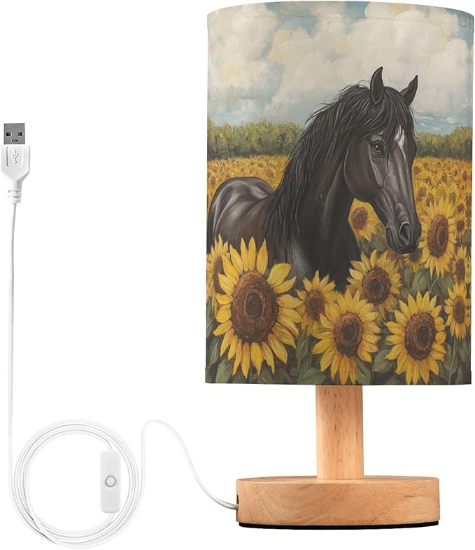 Horse in Sunflower Field Table Lamp with Wood Base Fabric Lamp Shade Bedside Nightstand Desk Lamp for Living Room Bedroom Kids Room Office