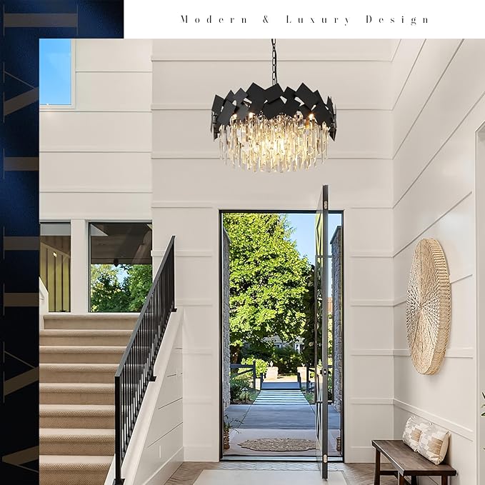 A AXILIXI Modern Crystal Drum Chandeliers 24" Black Round Chandelier Luxury K9 Crystal Chandeliers Light Fixture Flush Mount Chandelier Contemporary for Living Room Dining Room Foyer Staircase
