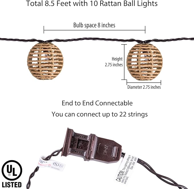 TWINKVILLA Decorative String Lights Plug in with 10 Incandescent Bulbs, Natural Rattan Globe Boho Lantern String Lights Connectable Weatherproof Outdoor Indoor for Bedroom Patio Pergola Decor