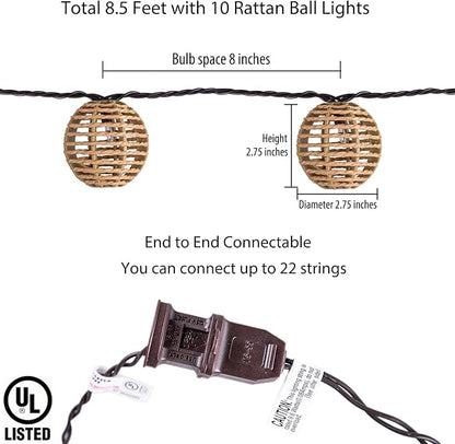 TWINKVILLA Decorative String Lights Plug in with 10 Incandescent Bulbs, Natural Rattan Globe Boho Lantern String Lights Connectable Weatherproof Outdoor Indoor for Bedroom Patio Pergola Decor