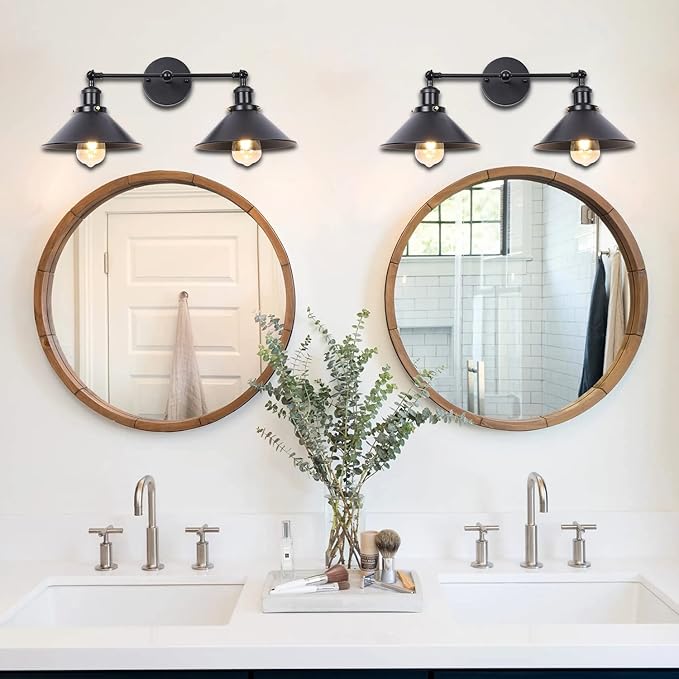 Farmhouse Bathroom Black Vanity Light Fixtures Wall Sconce Lighting, Industrial 2 Light Wall Sconces Indoor Wall Light with Metal Shade, Farmhouse Bathroom Light for Kitchen Living Room Hallway