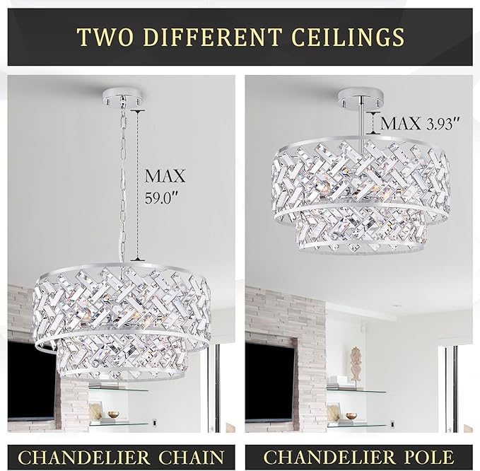 20'' Modern 6-Light Chrome Crystal Pendant Chandelier, Luxury Round Semi Flush Mount Ceiling Light for Living Room, Dining Room, Kitchen, Foyer, Bedroom