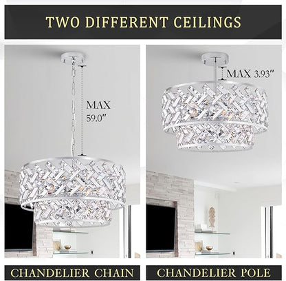 20'' Modern 6-Light Chrome Crystal Pendant Chandelier, Luxury Round Semi Flush Mount Ceiling Light for Living Room, Dining Room, Kitchen, Foyer, Bedroom