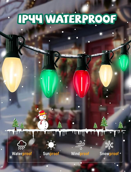 C7 LED Christmas Lights, 25Ft Vintage C7 Christmas Lights with 27 LED Clear Red Green White Bulbs, Hanging Connectable Xmas String Lights for Patio Garden Holiday Home Xmas Decor