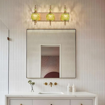 Vintage Green Bathroom Vanity Light Fixtures, Antique 3 Lights Bedhroom Wall Sconce Lighting Brass Finish with Crystal Glass Shade,Victorian Vanity Lighting