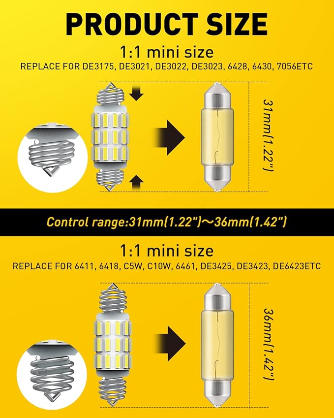 AUXITO DE3175 6418 LED Bulbs 3175 6411 Bulb White 6500K 4014 Chipsets 31mm 36mm Festoon Bulb Bright LED Replace for Car Interior Dome Courtesy Door Map Trunk License Plate Light Parking Light, 6 Pack