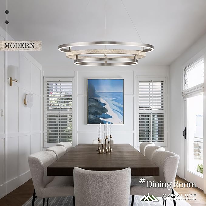 3 Ring LED Chandelier Nickel Round Chandelier Light Fixture 31in Dimmable Modern Entry Chandeliers Weathered Wood Circular Light for Foyer Dining Room Bedroom Office Living Room