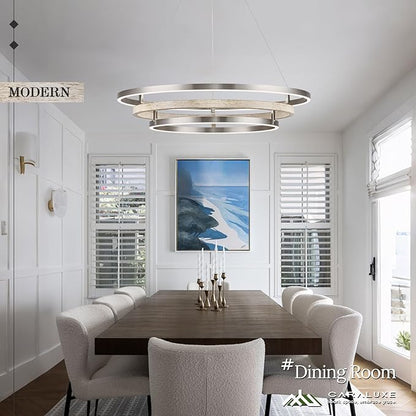 3 Ring LED Chandelier Nickel Round Chandelier Light Fixture 31in Dimmable Modern Entry Chandeliers Weathered Wood Circular Light for Foyer Dining Room Bedroom Office Living Room