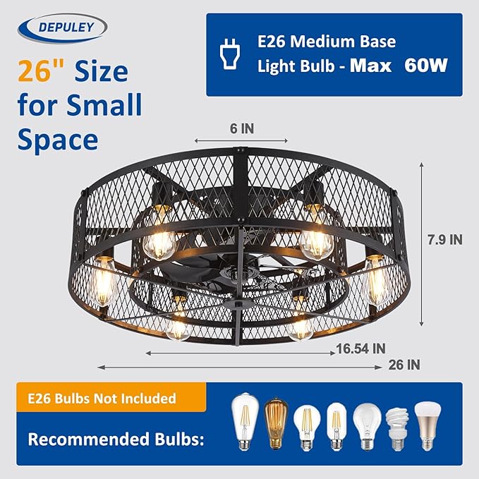 Depuley Low Profile Ceiling Fan: 26" Flush Mount Ceiling Fan Lights Reversible - Industrial Caged Ceiling Fans Light Fixture 6 Speeds for Bedroom Kitchen Black E26 Base Bulbs Not Included