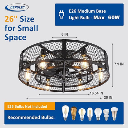 Depuley Low Profile Ceiling Fan: 26" Flush Mount Ceiling Fan Lights Reversible - Industrial Caged Ceiling Fans Light Fixture 6 Speeds for Bedroom Kitchen Black E26 Base Bulbs Not Included