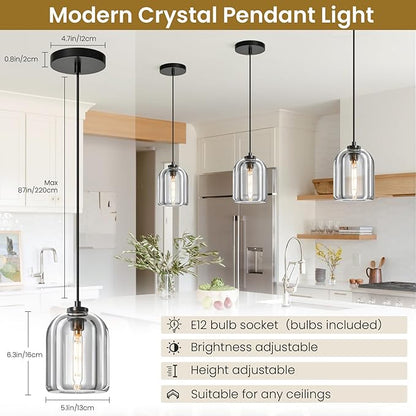 Crystal Pendant Light Kitchen Island: 2 Pack Black K9 Crystals Lights - 5.1" Dimmable Contemporary Cylinder Light above Dining Table - Modern Ceiling Hanging Lighting for Bedroom E12 Bulbs Included
