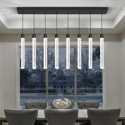 Modern Rectangular Crystal Chandelier LED Dimmable Crystal Column Chandelier Living Room Crystals Pendant Light for Dining Room Adjustable Height 8-Light Black