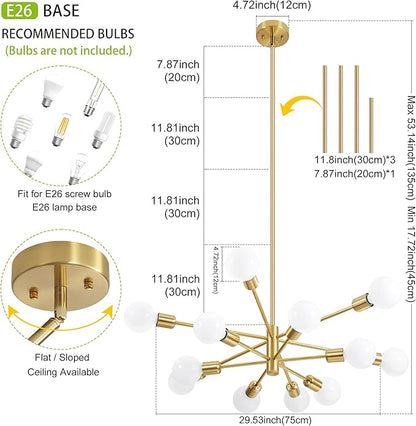 Modern Chandelier Gold Chandeliers 12-Light Mid Century Sputnik Ceiling Lighting Fixture for Living Room, Kitchen, Bedroom, Dining Room, Farmhouse