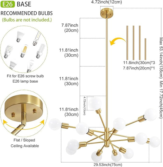 Modern Chandelier Gold Chandeliers 12-Light Mid Century Sputnik Ceiling Lighting Fixture for Living Room, Kitchen, Bedroom, Dining Room, Farmhouse