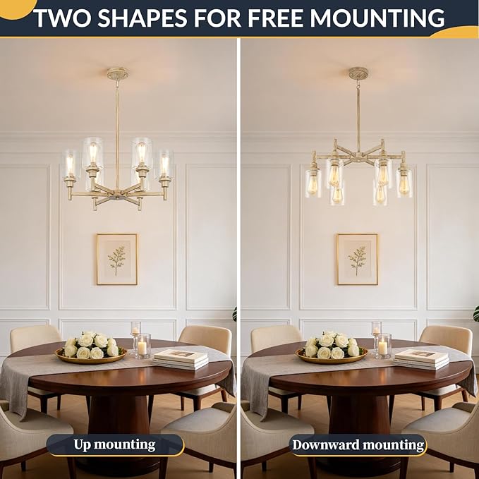 6 Light Farmhouse Chandeliers for Dining Room | Rustic Dining Room Light Fixtures Over Table | Fake Wood Hanging Lighting with Clear Glass Cover for Living Room | Kitchen Island | Entryway | Bathroom