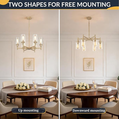 6 Light Farmhouse Chandeliers for Dining Room | Rustic Dining Room Light Fixtures Over Table | Fake Wood Hanging Lighting with Clear Glass Cover for Living Room | Kitchen Island | Entryway | Bathroom