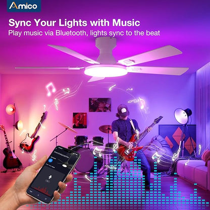 Amico Ceiling Fans with Lights, 52'' Smart RGB Ceiling Fan with Remote/APP/Alexa Control, Flush Mount, Reversible DC Motor, 5 Blades, 6 Speeds, 3CCT, Dimmable, Noiseless, Bedroom, Living Room, White