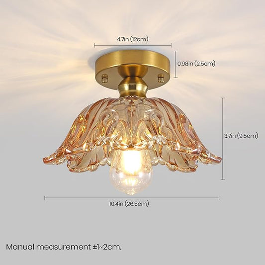 Vintage Semi Flush Mount Ceiling Light, Glass Semi Flush Mount Ceiling Light with Amber Floral Glass Shade, Gold Metal E26 Vintage Flush Mount Ceiling Light for Kitchen Dining Room Bedroom Hallway