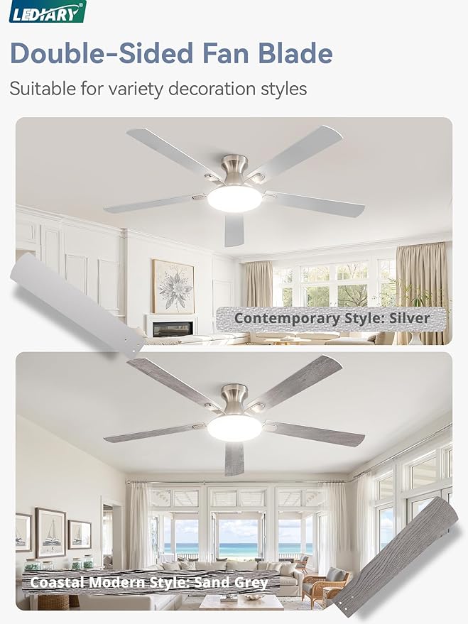 60 Inch Ceiling Fan with Lights and Remote, 30W 12" LED Panel Flush Mount Ceiling Fan, 6-Speed Quiet DC Motor Modern Low Profile Ceiling Fan with Reversible Blades for Bedroom, Living Room, Patio