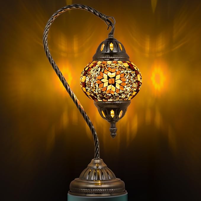Marrakech Tiffany Lamp Turkish Table Lamp with Vintage Style, Handmade Moroccan Lamps with Mosaic Stained Glass&Swan Neck Bronze Base Including LED Bulb for Living Room Bedroom Decor (Yellow)