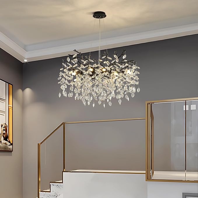 Modern Crystal Tree Branch Chandelier, Black Round Art Deco Pendant Light Raindrop Lighting Fixture for Dining Room Bedroom Foyer 10 Lights D30''