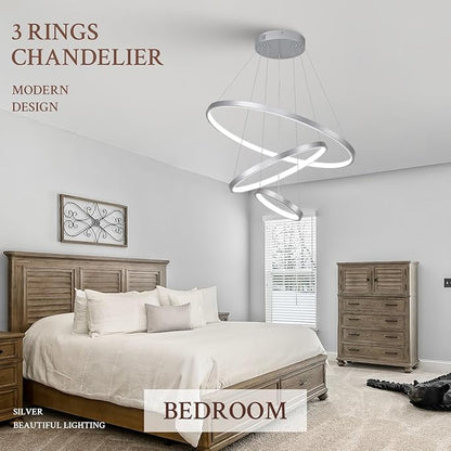 3 Ring Modern LED Chandelier Silver Dimmable Round Chandeliers, LED Circular Pendant Light Fixture with Remote Control for Living Room, Dining Room, Office, Entry, Bedroom