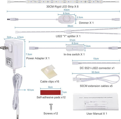 Under Cabinet LED Lighting Kit for Kitchen Cabinets Counter Shelf Bookcase Closet. 6 PCS 12 Inches LED Light Strip with Adapter Switch Dimmer Extension Cable. Plug in. Dimmable. Daylight White 5000K.