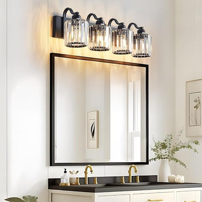 Black 4 Light Fixtures Bathroom Vanity Light Crystal Modern Vanity Over Mirror for Bathroom with Crystal Round Shade (Exclude Bulb)