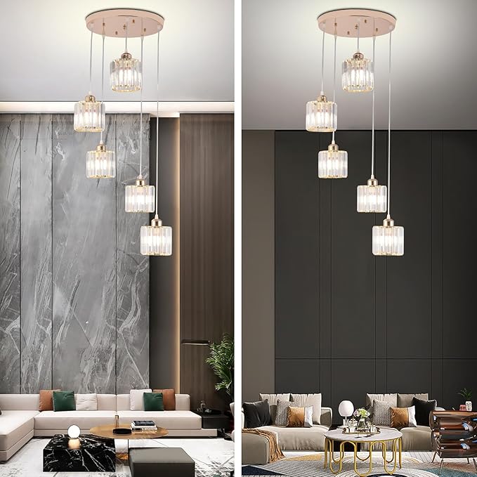 Crystal Pendant Lights Chandeliers for High Ceilings Modern Crystal Chandeliers Hanging Light Fixture Raindrop Drop Lamp for Dining Room Foyer Living Room Entryway Gold 5 Lights