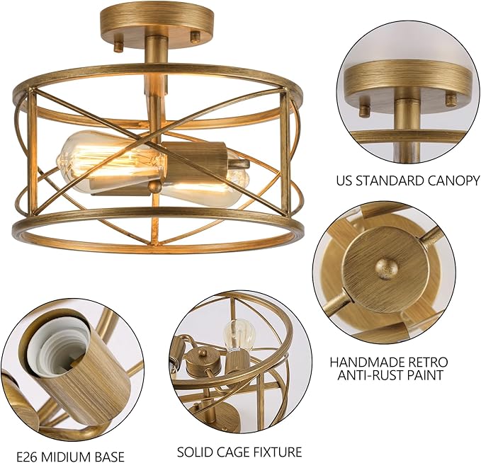 2-Light Semi Flush Mount Brushed Brass Ceiling Light Fixture, Farmhouse Industrial Metal Cage with Adjustable Height, Dimmable for Hallway Entryway Kitchen Bedroom Foyer Laundry Low Ceiling