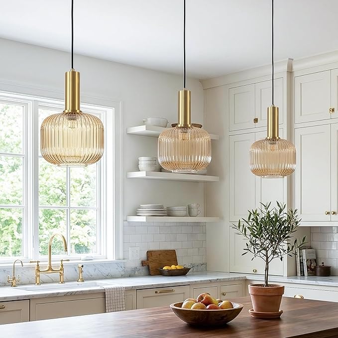 KCO Lighting Amber Glass Globe Pendant Light Mid Century Modern Kitchen Island Pendant Lighting Gold Single Pendant Light Fixture Vintage Brass Hanging Ceiling Light for Living Room Dining Room