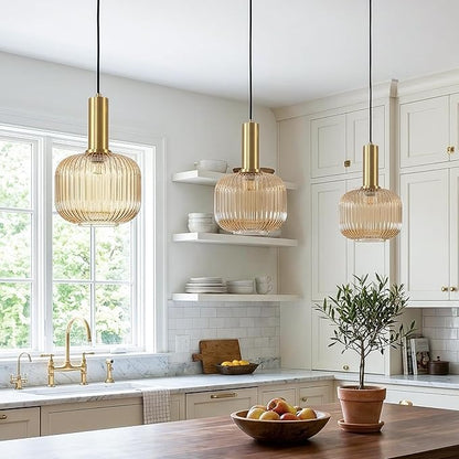 KCO Lighting Amber Glass Globe Pendant Light Mid Century Modern Kitchen Island Pendant Lighting Gold Single Pendant Light Fixture Vintage Brass Hanging Ceiling Light for Living Room Dining Room