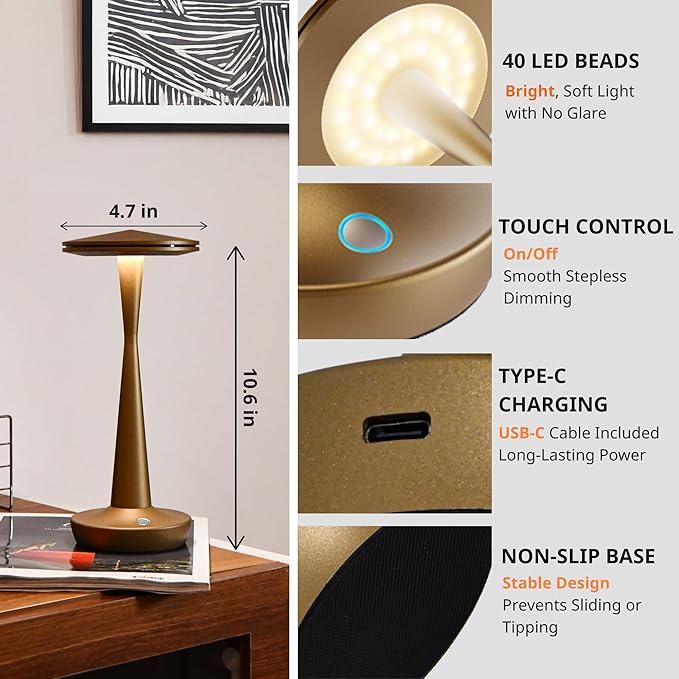 Cordless Rechargeable Table Lamp - 6000mAh Portable LED Battery Operated Table Light - Outdoor Waterproof Dimmable Table Lamps for Restaurant Dining Bedroom Bars Home Patio Outdoor (2 Bronze)