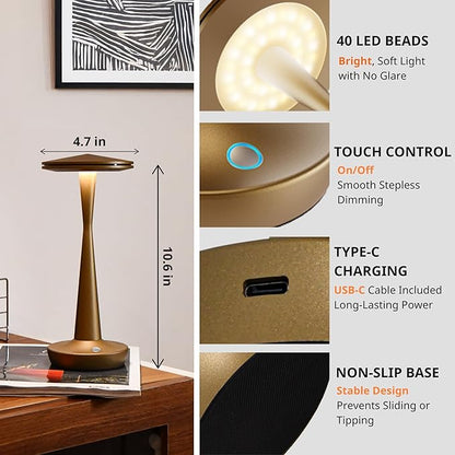 Cordless Rechargeable Table Lamp - 6000mAh Portable LED Battery Operated Table Light - Outdoor Waterproof Dimmable Table Lamps for Restaurant Dining Bedroom Bars Home Patio Outdoor (2 Bronze)