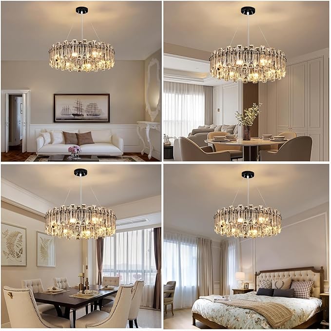 Luxury K9 Crystal Chandelier Modern Round Easy Install Ceiling Hanging Pendant Light Fixture for Dining Living Room Kitchen Island Entryway Foyer D23.6 Black 8-Lights