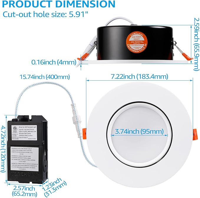 TORCHSTAR 6 Inch Gimbal LED Recessed Lighting with Junction Box, 13.5W IC Rated Air Tight Directional Swivel Downlight, CRI90+ Dimmable Canless LED Recessed Light, 2700K, ETL, Pack of 4