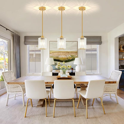 3-Pack Brushed Gold Pendant Lights Kitchen Island Modern Crystal Hanging Pendant Light Hexagonal Mini Chandelier Adjustable Hanging Kitchen Lights for Dining Room Hallway Bedroom Entryway Pendant Lamp