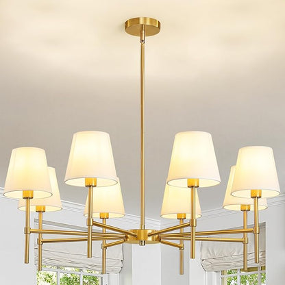 RUIYEY Dining Room Chandeliers Light - 8-Light Gold Modern Chandelier with Fabric Shade, Height Adjustable Mid Century Ceiling Lighting Fixture for Bedroom Kitchen Entryway Foyer