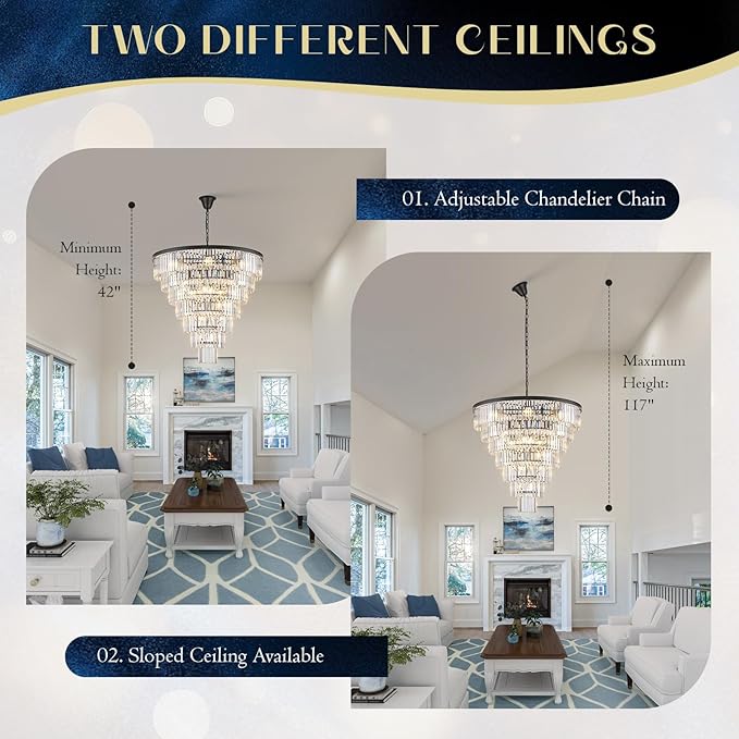 Large Black Crystal Chandelier 36" Round Chandeliers for Staircase Modern 22 Lights 7-Tier Luxury K9 Crystal Ceiling Pendant Lighting Fixture for High Ceiling Living Room Foyer