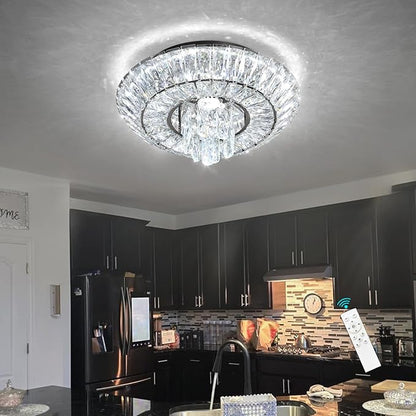 Crystal Chandelier 25W Modern Round Ceiling Light Fixture LED Raindrop Chandeliers Dimmable with Remote for Dining Room Living Room Entryway Hallway Bedroom Black
